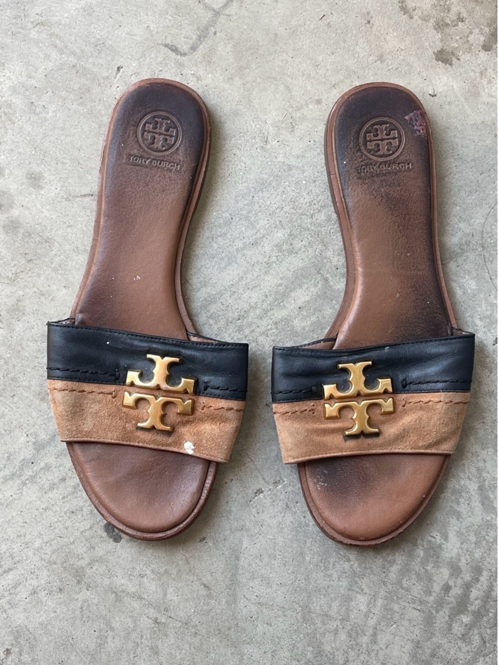 Tory Burch Black and Brown Leather Logo Slide Sandals